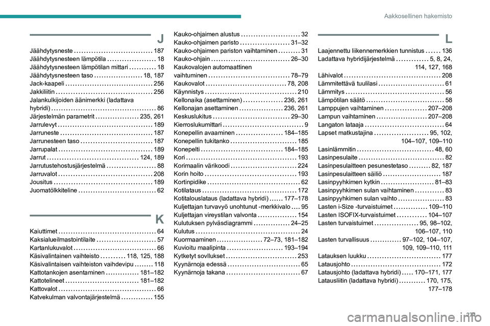 PEUGEOT 3008 2023  Omistajan Käsikirja (in Finnish) 271
Aakkosellinen hakemisto
J
Jäähdytysneste     187
Jäähdytysnesteen lämpötila     
18
Jäähdytysnesteen lämpötilan mittari
    
18
Jäähdytysnesteen taso
    
18, 187
Jack-kaapeli
    
256