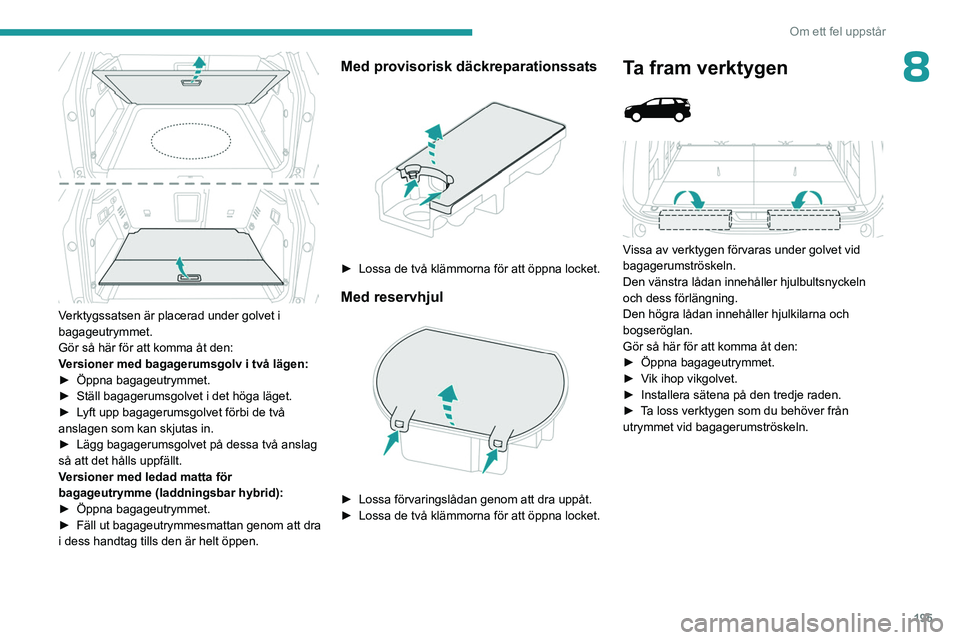 PEUGEOT 3008 2023  Bruksanvisningar (in Swedish) 195
Om ett fel uppstår
8
 
Verktygssatsen är placerad under golvet i 
bagageutrymmet.
Gör så här för att komma åt den:
Versioner med bagagerumsgolv i två lägen:
► 
Öppna bagageutrymmet.
