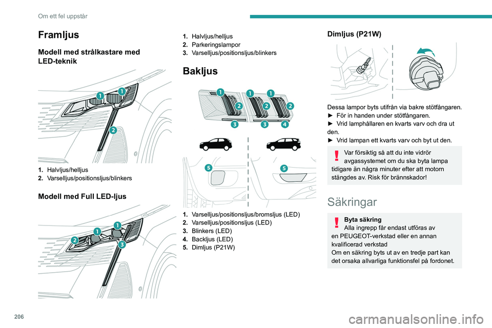 PEUGEOT 3008 2023  Bruksanvisningar (in Swedish) 206
Om ett fel uppstår
Installation av elektriska tillbehör
Elsystemet i bilen är konstruerat för att 
fungera störningsfritt med elutrustning som är 
standard eller tillval i din bil.
Vänd dig