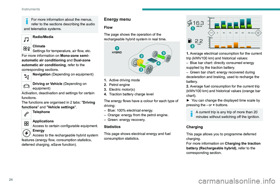 PEUGEOT 3008 2022 Owners Manual 24
Instruments
eSave
The eSave function makes it possible to reserve
all or part of the electrical energy in the traction
battery for later use during a journey (e.g. driving
in an urban area or in PEUGEOT 3008 2022 Owners Manual 24
Instruments
eSave
The eSave function makes it possible to reserve
all or part of the electrical energy in the traction
battery for later use during a journey (e.g. driving
in an urban area or in