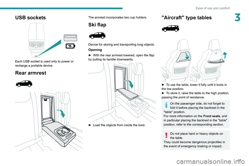 PEUGEOT 3008 2022  Owners Manual 67
Ease of use and comfort
3USB sockets 
 
Each USB socket is used only to power or 
recharge a portable device.
Rear armrest 
 
 
 
The armrest incorporates two cup holders.
Ski flap 
 
Device for st