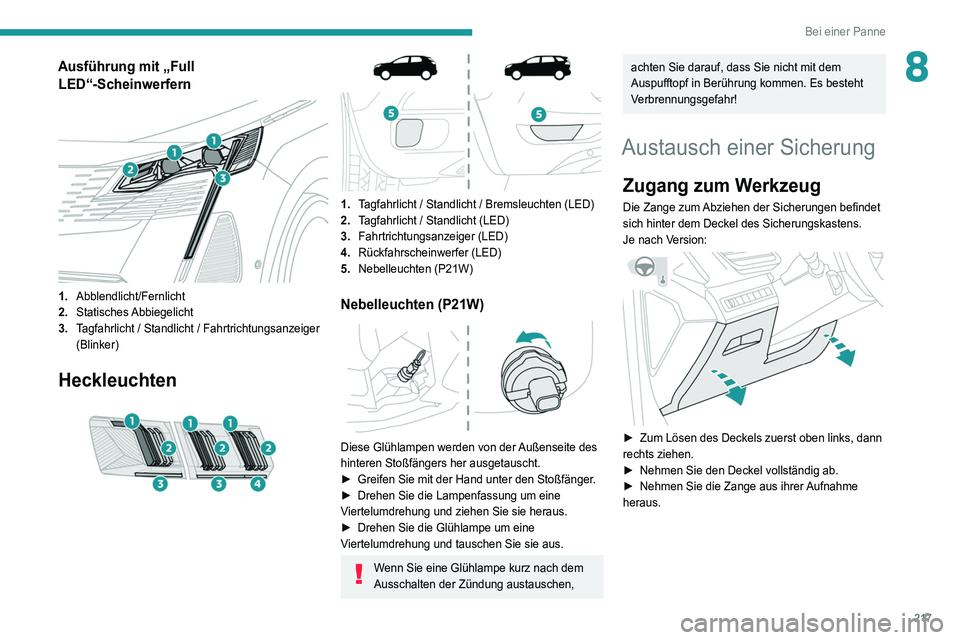 PEUGEOT 3008 2022  Betriebsanleitungen (in German) 217
Bei einer Panne
8Ausführung mit „Full LED“-Scheinwerfern
 
 
1. Abblendlicht/Fernlicht
2. Statisches Abbiegelicht
3. Tagfahrlicht / Standlicht / Fahrtrichtungsanzeiger 
(Blinker)
Heckleuchten