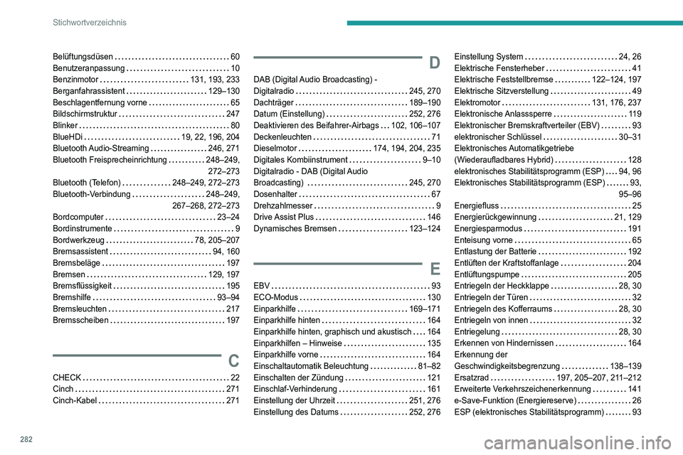 PEUGEOT 3008 2022  Betriebsanleitungen (in German) 282
Stichwortverzeichnis
Belüftungsdüsen    60
Benutzeranpassung     
10
Benzinmotor
    
131, 193, 233
Berganfahrassistent
    
129–130
Beschlagentfernung vorne
   
65
Bildschirmstruktur
    
247