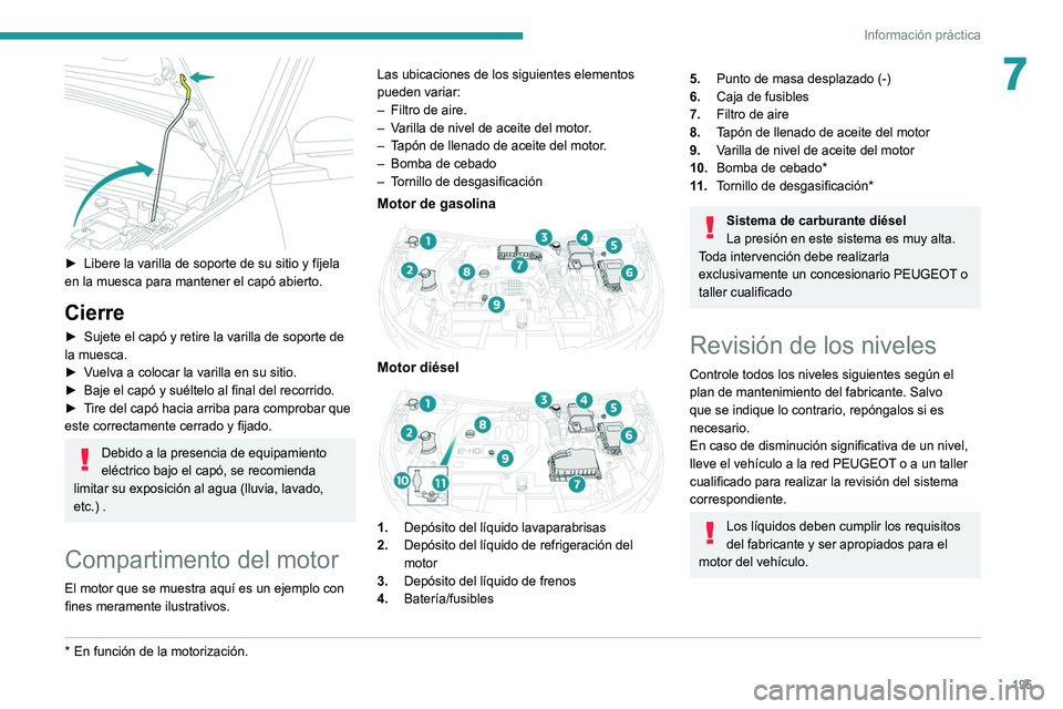 PEUGEOT 3008 2022  Manual del propietario (in Spanish) 195
Información práctica
7
 
► Libere la varilla de soporte de su sitio y fíjela 
en la muesca para mantener el capó abierto.
Cierre
► Sujete el capó y retire la varilla de soporte de 
la mue