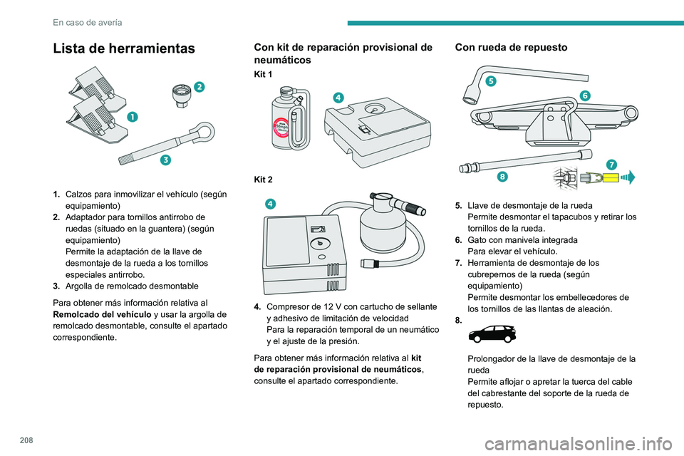 PEUGEOT 3008 2022  Manual del propietario (in Spanish) 208
En caso de avería
Para obtener más información relativa a la 
Rueda de repuesto, consulte el apartado 
correspondiente.
Estos útiles son específicos para el 
vehículo y pueden variar según 