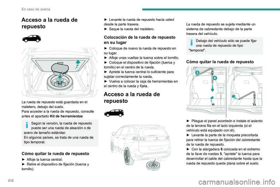 PEUGEOT 3008 2022  Manual del propietario (in Spanish) 212
En caso de avería
Acceso a la rueda de repuesto
 
 
 
 
La rueda de repuesto está guardada en el 
maletero, debajo del suelo.
Para acceder a la rueda de repuesto, consulte 
antes el apartado  Ki
