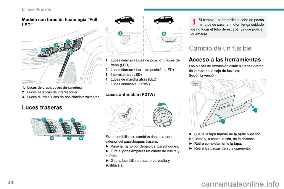PEUGEOT 3008 2022  Manual del propietario (in Spanish) 218
En caso de avería
 
► Abra la guantera.
►  Presione sobre la empuñadura central de la 
tapa de la caja de fusibles.
►  Baje completamente la tapa.
►  Retire las pinzas de su alojamiento.