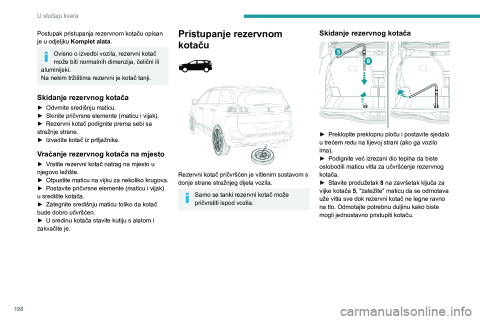 PEUGEOT 3008 2022 Upute Za Rukovanje (in Croatian) 198
U slučaju kvara
Postupak pristupanja rezervnom kotaču opisan
je u odjeljku Komplet alata.
Ovisno o izvedbi vozila, rezervni kotač
može biti normalnih dimenzija, čelični ili
aluminijski.
N PEUGEOT 3008 2022 Upute Za Rukovanje (in Croatian) 198
U slučaju kvara
Postupak pristupanja rezervnom kotaču opisan
je u odjeljku Komplet alata.
Ovisno o izvedbi vozila, rezervni kotač
može biti normalnih dimenzija, čelični ili
aluminijski.
N