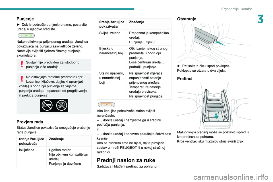 PEUGEOT 3008 2022 Upute Za Rukovanje (in Croatian) 65
Ergonomija i komfor
3Punjenje
► Dok je područje punjenja prazno, postavite uređaj u njegovo središte.
Nakon otkrivanja prijenosnog uređaja, žaruljica
pokazivača na punjaču zasvijetlit PEUGEOT 3008 2022 Upute Za Rukovanje (in Croatian) 65
Ergonomija i komfor
3Punjenje
► Dok je područje punjenja prazno, postavite uređaj u njegovo središte.
Nakon otkrivanja prijenosnog uređaja, žaruljica
pokazivača na punjaču zasvijetlit