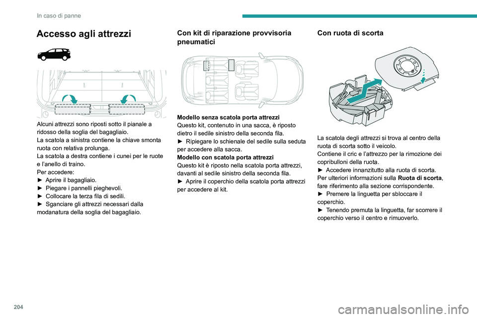 PEUGEOT 3008 2022 Manuale duso (in Italian) 204
In caso di panne
Accesso agli attrezzi
Alcuni attrezzi sono riposti sotto il pianale a
ridosso della soglia del bagagliaio.
La scatola a sinistra contiene la chiave smonta
ruota con relat PEUGEOT 3008 2022 Manuale duso (in Italian) 204
In caso di panne
Accesso agli attrezzi
Alcuni attrezzi sono riposti sotto il pianale a
ridosso della soglia del bagagliaio.
La scatola a sinistra contiene la chiave smonta
ruota con relat