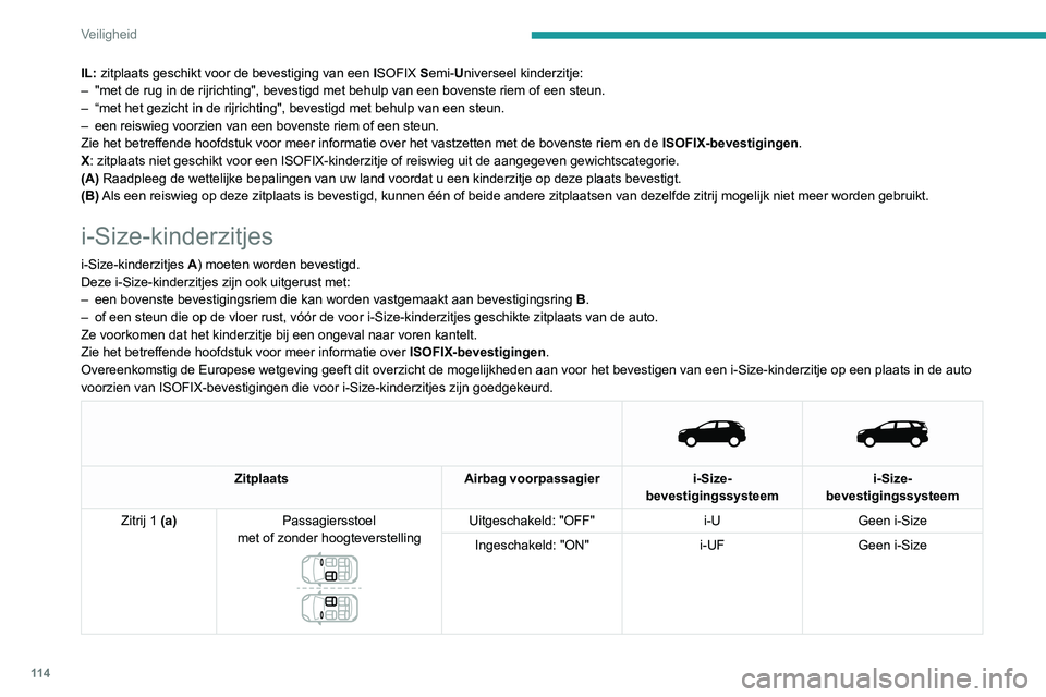 PEUGEOT 3008 2022 Instructieboekje (in Dutch) 11 4
Veiligheid
IL: zitplaats geschikt voor de bevestiging van een ISOFIX Semi-Universeel kinderzitje:
– "met de rug in de rijrichting", bevestigd met behulp van een bovenste ri\
em of een PEUGEOT 3008 2022 Instructieboekje (in Dutch) 11 4
Veiligheid
IL: zitplaats geschikt voor de bevestiging van een ISOFIX Semi-Universeel kinderzitje:
– "met de rug in de rijrichting", bevestigd met behulp van een bovenste ri\
em of een