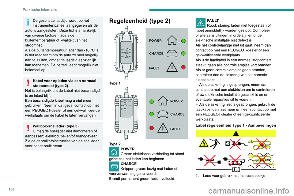 PEUGEOT 3008 2022 Instructieboekje (in Dutch) 180
Praktische informatie
De geschatte laadtijd wordt op het
instrumentenpaneel aangegeven als de
auto is aangesloten. Deze tijd is afhankelijk
van diverse factoren, zoals de
buitentemperatuur of PEUGEOT 3008 2022 Instructieboekje (in Dutch) 180
Praktische informatie
De geschatte laadtijd wordt op het
instrumentenpaneel aangegeven als de
auto is aangesloten. Deze tijd is afhankelijk
van diverse factoren, zoals de
buitentemperatuur of
