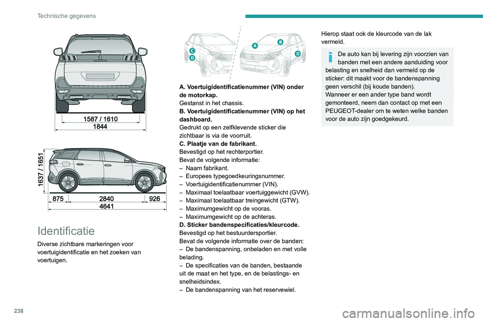 PEUGEOT 3008 2022 Instructieboekje (in Dutch) 238
Technische gegevens
Identificatie
Diverse zichtbare markeringen voor
voertuigidentificatie en het zoeken van
voertuigen.
A. Voertuigidentificatienummer (VIN) onder
de motorkap.
Gesta PEUGEOT 3008 2022 Instructieboekje (in Dutch) 238
Technische gegevens
Identificatie
Diverse zichtbare markeringen voor
voertuigidentificatie en het zoeken van
voertuigen.
A. Voertuigidentificatienummer (VIN) onder
de motorkap.
Gesta