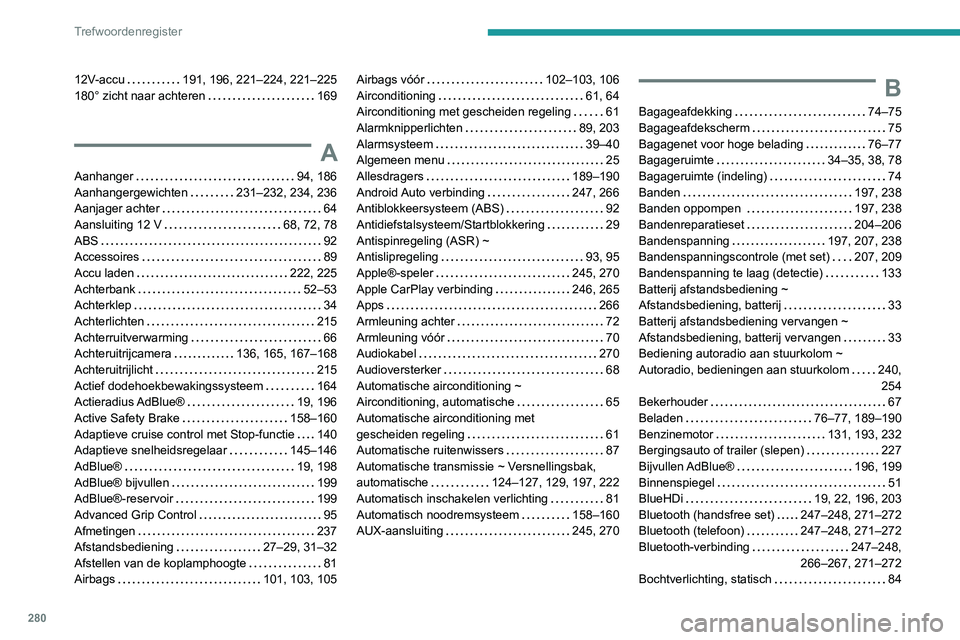 PEUGEOT 3008 2022 Instructieboekje (in Dutch) 280
Trefwoordenregister
12V-accu 191, 196, 221–224, 221–225
180° zicht naar achteren
169
A
Aanhanger 94, 186
Aanhangergewichten
231–232, 234, 236
Aanjager achter
64
Aanslu PEUGEOT 3008 2022 Instructieboekje (in Dutch) 280
Trefwoordenregister
12V-accu 191, 196, 221–224, 221–225
180° zicht naar achteren
169
A
Aanhanger 94, 186
Aanhangergewichten
231–232, 234, 236
Aanjager achter
64
Aanslu