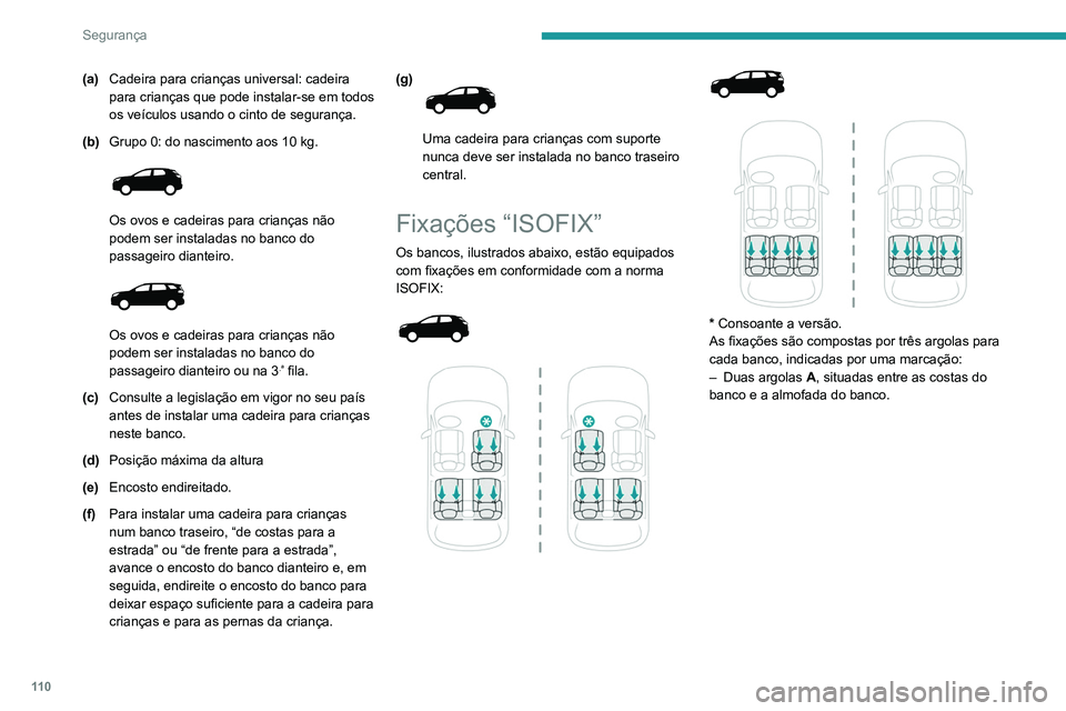 PEUGEOT 3008 2022  Manual de utilização (in Portuguese) 11 0
Segurança
(a)Cadeira para crianças universal: cadeira 
para crianças que pode instalar-se em todos 
os veículos usando o cinto de segurança.
(b) Grupo 0: do nascimento aos 10
  kg.
 
 
Os ov