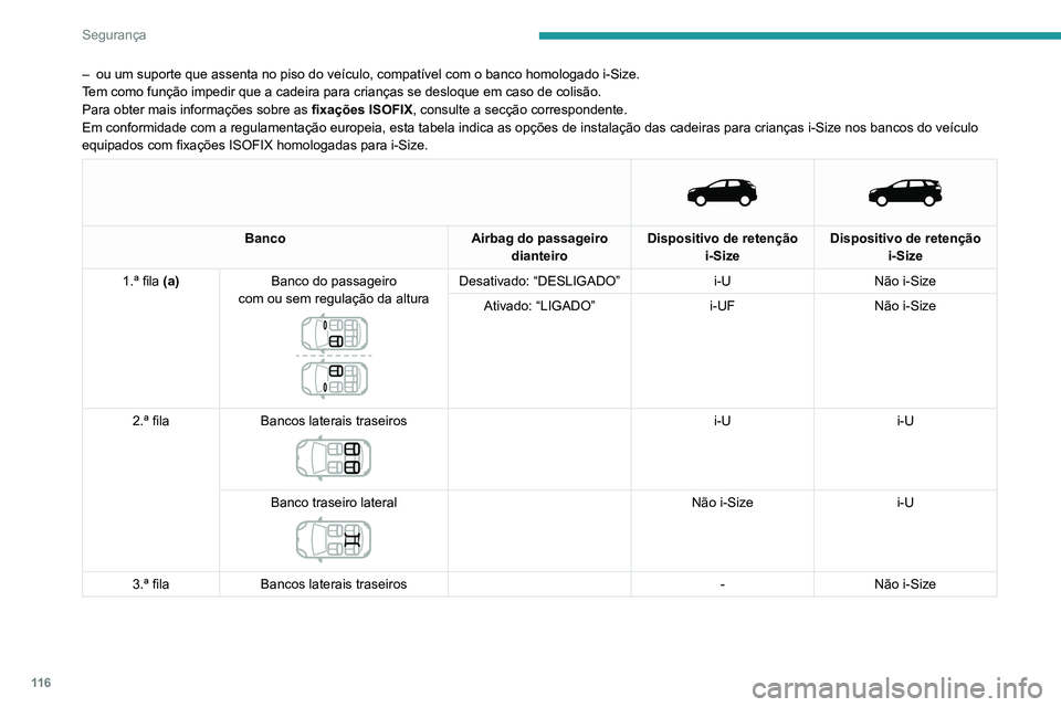 PEUGEOT 3008 2022  Manual de utilização (in Portuguese) 11 6
Segurança
– ou um suporte que assenta no piso do veículo, compatível com o ban\
co homologado i-Size.
T em como função impedir que a cadeira para crianças se desloque \
em caso de colisã