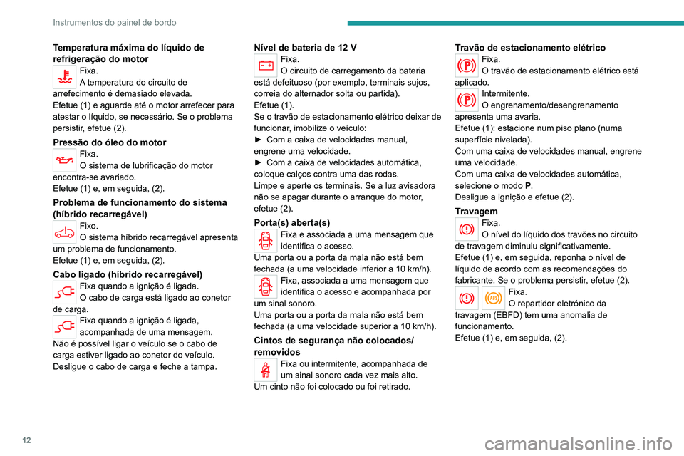 PEUGEOT 3008 2022 Manual de utilização (in Portuguese) 12
Instrumentos do painel de bordo
Temperatura máxima do líquido de
refrigeração do motor
Fixa.
A temperatura do circuito de
arrefecimento é demasiado elevada.
Efetue (1) e aguarde até o motor PEUGEOT 3008 2022 Manual de utilização (in Portuguese) 12
Instrumentos do painel de bordo
Temperatura máxima do líquido de
refrigeração do motor
Fixa.
A temperatura do circuito de
arrefecimento é demasiado elevada.
Efetue (1) e aguarde até o motor