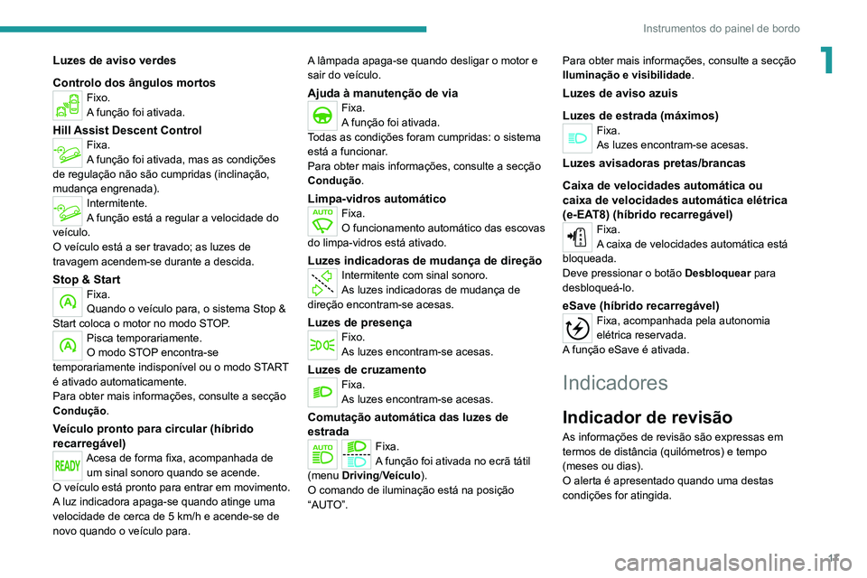 PEUGEOT 3008 2022  Manual de utilização (in Portuguese) 17
Instrumentos do painel de bordo
1Luzes de aviso verdes
Controlo dos ângulos mortos
Fixo.
A função foi ativada.
Hill Assist Descent ControlFixa.
A função foi ativada, mas as condições 
de reg