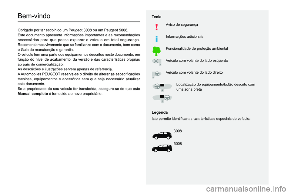 PEUGEOT 3008 2022  Manual de utilização (in Portuguese)   
 
 
 
 
 
  
  
   
   
 
  
 
  
 
 
 
   
 
 
  
Bem-vindo
Obrigado por ter escolhido um Peugeot 3008 ou um Peugeot 5008.
Este documento apresenta informações importantes e as recomendações 
