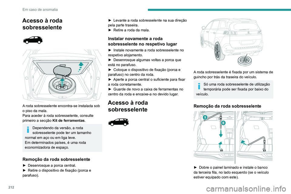 PEUGEOT 3008 2022  Manual de utilização (in Portuguese) 212
Em caso de anomalia
Acesso à roda sobresselente
 
 
 
 
A roda sobresselente encontra-se instalada sob 
o piso da mala.
Para aceder à roda sobresselente, consulte 
primeiro a secção  
Kit de f