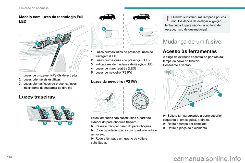 PEUGEOT 3008 2022  Manual de utilização (in Portuguese) 218
Em caso de anomalia
 
► Abra o porta-luvas.
►  Pressione a pega central da tampa da caixa 
de fusíveis.
►  Baixe completamente a tampa.
►  Retire a pinça do alojamento.
Substituir um fus