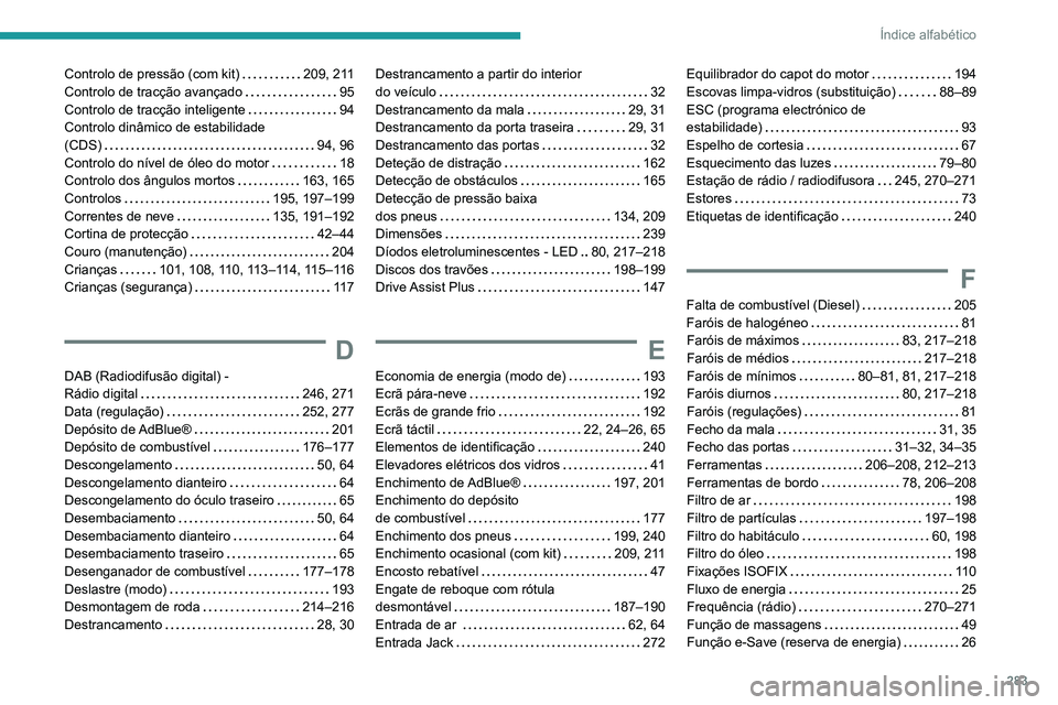 PEUGEOT 3008 2022  Manual de utilização (in Portuguese) 283
Índice alfabético
Controlo de pressão (com kit)     209, 211
Controlo de tracção avançado     
95
Controlo de tracção inteligente
    
94
Controlo dinâmico de estabilidade  
(CDS)
    
94