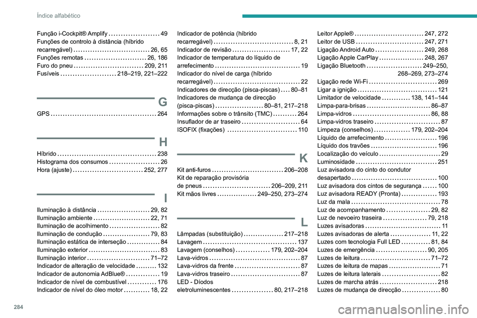 PEUGEOT 3008 2022  Manual de utilização (in Portuguese) 284
Índice alfabético
Função  i-Cockpit® Amplify     49
Funções de controlo à distância (híbrido 
recarregável)
    
26, 65
Funções remotas
    
26, 186
Furo do pneu
    
209, 211
Fusíve