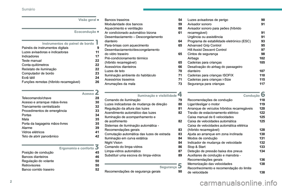 PEUGEOT 3008 2022  Manual de utilização (in Portuguese) 2
Sumário
  ■
Visão geral
  ■
Ecocondução
 1Instrumentos do painel de bordoPainéis de instrumentos digitais  9
Luzes avisadoras e indicadoras  11
Indicadores  17
Teste manual  22
Conta-qu