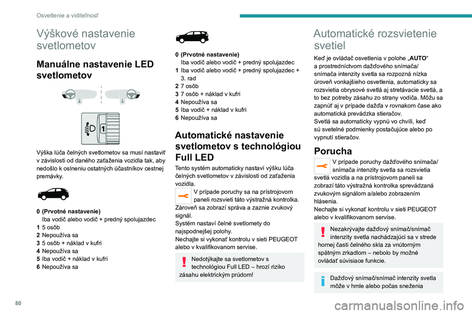 PEUGEOT 3008 2022 Návod na použitie (in Slovakian) 80
Osvetlenie a viditeľnosť
Výškové nastavenie
svetlometov
Manuálne nastavenie LED
svetlometov
Výška lúča čelných svetlometov sa musí nastaviť
v závislosti od daného zaťaže PEUGEOT 3008 2022 Návod na použitie (in Slovakian) 80
Osvetlenie a viditeľnosť
Výškové nastavenie
svetlometov
Manuálne nastavenie LED
svetlometov
Výška lúča čelných svetlometov sa musí nastaviť
v závislosti od daného zaťaže