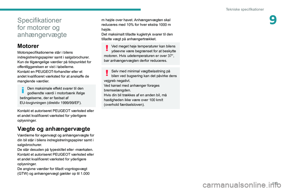 PEUGEOT 3008 2021 Brugsanvisning (in Danish) 213
Tekniske specifikationer
9Specifikationer
for motorer og
anhængervægte
Motorer
Motorspecifikationerne står i bilens
indregistreringspapirer samt i salgsbrochurer.
Kun de tilgængelige værdi PEUGEOT 3008 2021 Brugsanvisning (in Danish) 213
Tekniske specifikationer
9Specifikationer
for motorer og
anhængervægte
Motorer
Motorspecifikationerne står i bilens
indregistreringspapirer samt i salgsbrochurer.
Kun de tilgængelige værdi