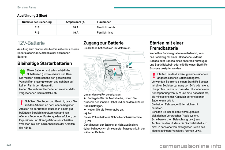 PEUGEOT 3008 2021  Betriebsanleitungen (in German) 222
Bei einer Panne
Ausführung 2 (Eco)
Nummer der SicherungAmperezahl (A)Funktionen
F18 10 AFernlicht rechts
F19 10 AFernlicht links
12V-Batterie
Anleitung zum Starten des Motors mit einer anderen 
B