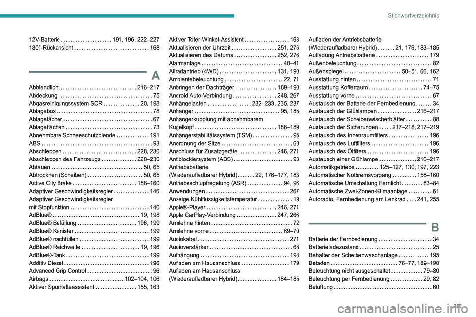 PEUGEOT 3008 2021  Betriebsanleitungen (in German) 281
Stichwortverzeichnis
12V-Batterie    191, 196, 222–227
180°-Rückansicht     
168
A
Abblendlicht    216–217
Abdeckung     
75
Abgasreinigungssystem SCR
   
20, 198
Ablagebox
    
78
Ablagefä