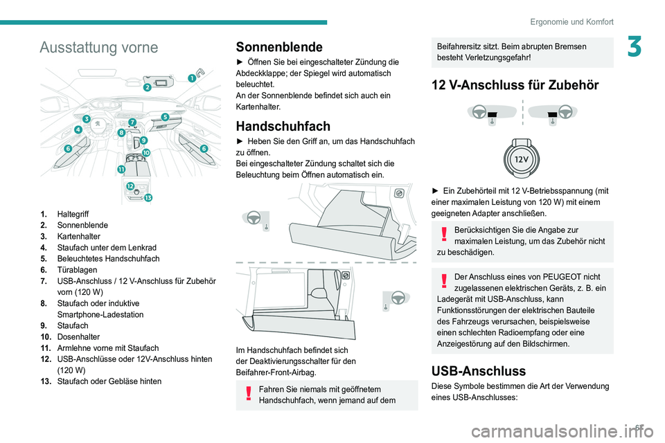 PEUGEOT 3008 2021  Betriebsanleitungen (in German) 67
Ergonomie und Komfort
3Ausstattung vorne 
 
1.Haltegriff
2. Sonnenblende
3. Kartenhalter
4. Staufach unter dem Lenkrad
5. Beleuchtetes Handschuhfach
6. Türablagen
7. USB-Anschluss / 12
  V-Anschlu