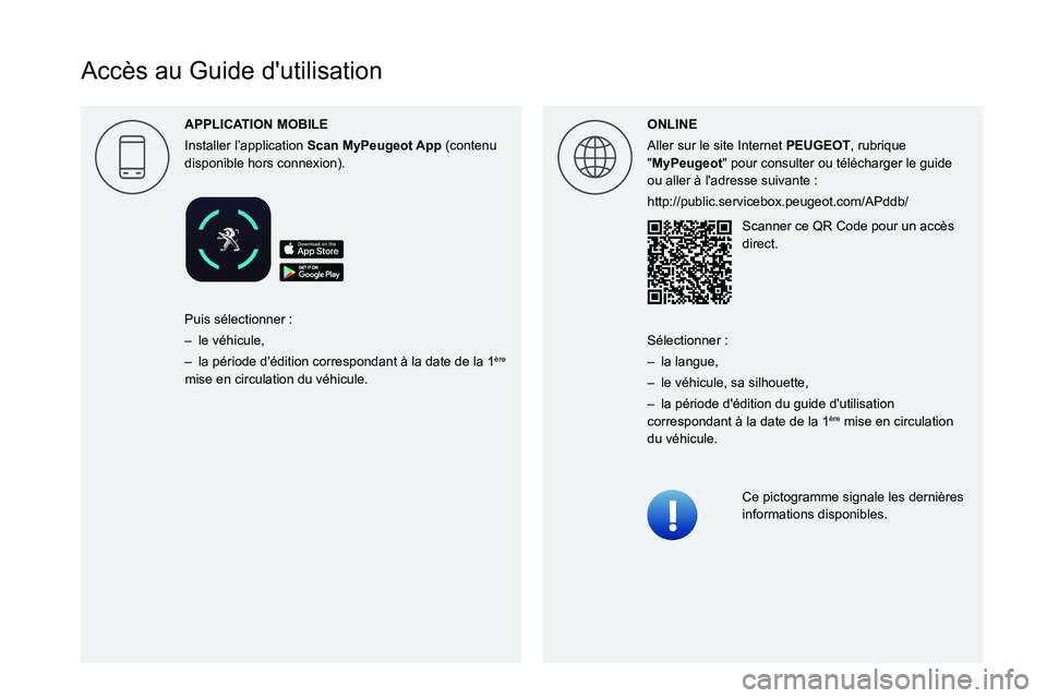 PEUGEOT 3008 2021  Manuel du propriétaire (in French)  
 
 
 
 
 
 
 
 
  
 
  
  
Accès au Guide d'utilisation
ONLINE
Aller sur le site Internet PEUGEOT, rubrique 
"MyPeugeot" pour consulter ou télécharger le guide 
ou aller à l'adre