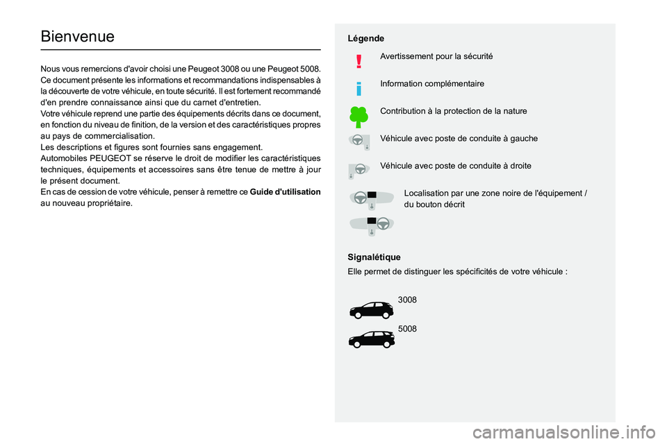PEUGEOT 3008 2021 Manuel du propriétaire (in French)
Bienvenue
Nous vous remercions d'avoir choisi une Peugeot 3008 ou une Peugeot 5008.
Ce document présente les informations et recommandations PEUGEOT 3008 2021 Manuel du propriétaire (in French)
Bienvenue
Nous vous remercions d'avoir choisi une Peugeot 3008 ou une Peugeot 5008.
Ce document présente les informations et recommandations
