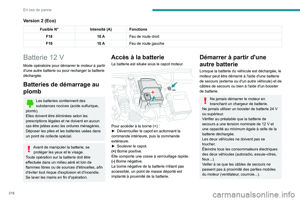 PEUGEOT 3008 2021 Manuel du propriétaire (in French) 216
En cas de panne
Version 2 (Eco)
Fusible N°Intensité (A) Fonctions
F18 10 AFeu de route droit
F19 10 AFeu de route gauche
Batterie 12 V
Mode opératoire pour démarrer le moteur à partir
d' PEUGEOT 3008 2021 Manuel du propriétaire (in French) 216
En cas de panne
Version 2 (Eco)
Fusible N°Intensité (A) Fonctions
F18 10 AFeu de route droit
F19 10 AFeu de route gauche
Batterie 12 V
Mode opératoire pour démarrer le moteur à partir
d'