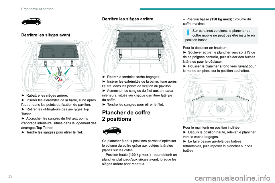 PEUGEOT 3008 2021  Manuel du propriétaire (in French) 74
Ergonomie et confort
 
Derrière les sièges avant 
 
► Rabattre les sièges arrière.
►  Insérer les extrémités de la barre, l'une après 
l'autre, dans les points de fixation du pa