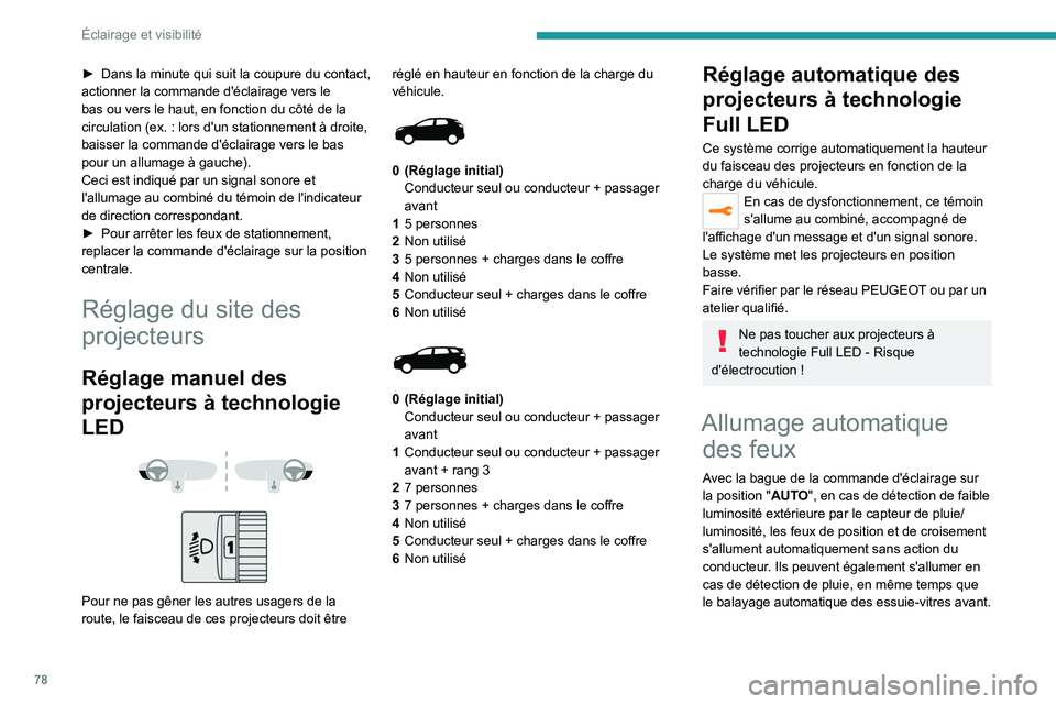PEUGEOT 3008 2021  Manuel du propriétaire (in French) 78
Éclairage et visibilité
► Dans la minute qui suit la coupure du contact, 
actionner la commande d'éclairage vers le 
bas ou vers le haut, en fonction du côté de la 
circulation (ex.
  : 