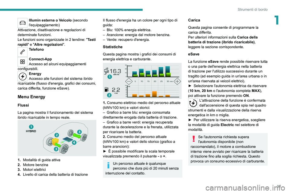 PEUGEOT 3008 2021 Manuale duso (in Italian) 25
Strumenti di bordo
1Illumin esterna o Veicolo (secondo
l'equipaggiamento)
Attivazione, disattivazione e regolazioni di
determinate funzioni.
Le funzioni sono organizzate in 2 tendine: " T PEUGEOT 3008 2021 Manuale duso (in Italian) 25
Strumenti di bordo
1Illumin esterna o Veicolo (secondo
l'equipaggiamento)
Attivazione, disattivazione e regolazioni di
determinate funzioni.
Le funzioni sono organizzate in 2 tendine: " T
