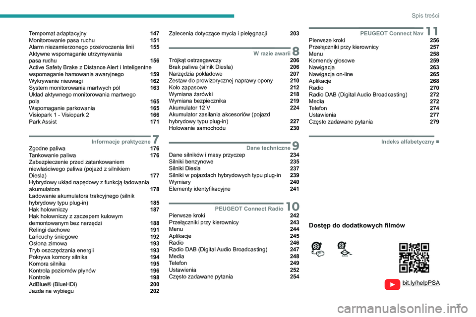 PEUGEOT 3008 2021 Instrukcja obsługi (in Polish) 3
Spis treści
Tempomat adaptacyjny 147
Monitorowanie pasa ruchu 151
Alarm niezamierzonego przekroczenia linii 155
Aktywne wspomaganie utrzymywania
pasa ruchu
156
Active Safety B PEUGEOT 3008 2021 Instrukcja obsługi (in Polish) 3
Spis treści
Tempomat adaptacyjny 147
Monitorowanie pasa ruchu 151
Alarm niezamierzonego przekroczenia linii 155
Aktywne wspomaganie utrzymywania
pasa ruchu
156
Active Safety B