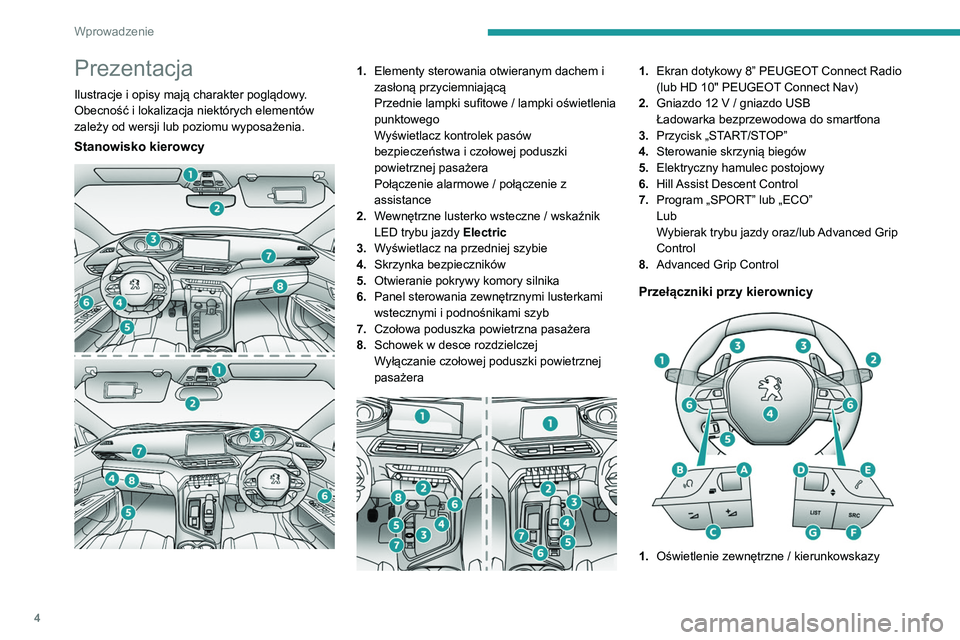 PEUGEOT 3008 2021 Instrukcja obsługi (in Polish) 4
Wprowadzenie
Prezentacja
Ilustracje i opisy mają charakter poglądowy.
Obecność i lokalizacja niektórych elementów
zależy od wersji lub poziomu wyposażenia.
Stanowisko kierowcy
1.Element PEUGEOT 3008 2021 Instrukcja obsługi (in Polish) 4
Wprowadzenie
Prezentacja
Ilustracje i opisy mają charakter poglądowy.
Obecność i lokalizacja niektórych elementów
zależy od wersji lub poziomu wyposażenia.
Stanowisko kierowcy
1.Element
