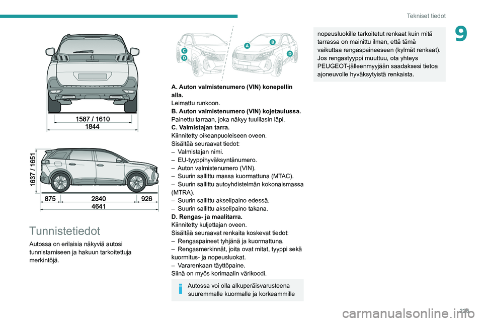 PEUGEOT 3008 2021  Omistajan Käsikirja (in Finnish) 225
Tekniset tiedot
9
 
 
 
Tunnistetiedot
Autossa on erilaisia näkyviä autosi 
tunnistamiseen ja hakuun tarkoitettuja 
merkintöjä.
 
 
A. Auton valmistenumero (VIN) konepellin 
alla.
Leimattu run