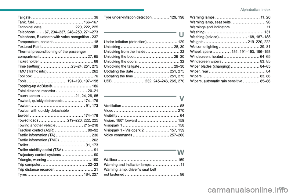 PEUGEOT 3008 2020 Owners Manual 285
Alphabetical index
Tailgate 36
Tank, fuel
166–167
Technical data
220, 222, 225
Telephone
67, 234–237, 248–250, 271–273
Telephone, Bluetooth with voice recognition
23 PEUGEOT 3008 2020 Owners Manual 285
Alphabetical index
Tailgate 36
Tank, fuel
166–167
Technical data
220, 222, 225
Telephone
67, 234–237, 248–250, 271–273
Telephone, Bluetooth with voice recognition
23