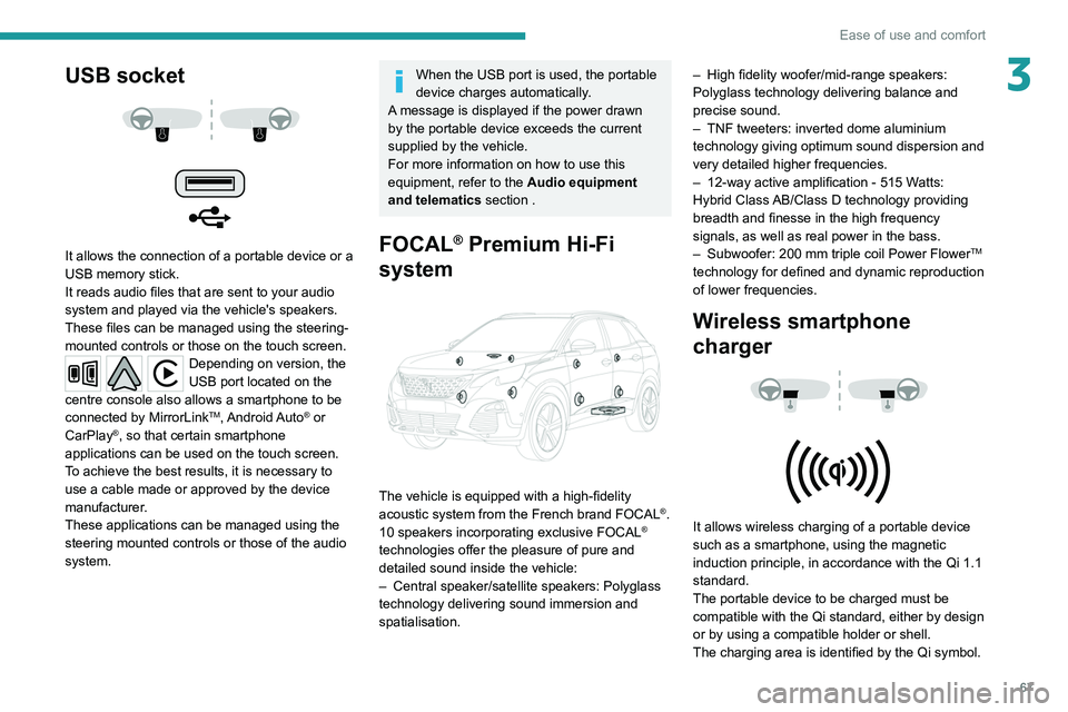 PEUGEOT 3008 2020 Owners Manual 67
Ease of use and comfort
3USB socket
It allows the connection of a portable device or a
USB memory stick.
It reads audio files that are sent to your audio
system and played via the vehicle& PEUGEOT 3008 2020 Owners Manual 67
Ease of use and comfort
3USB socket
It allows the connection of a portable device or a
USB memory stick.
It reads audio files that are sent to your audio
system and played via the vehicle&