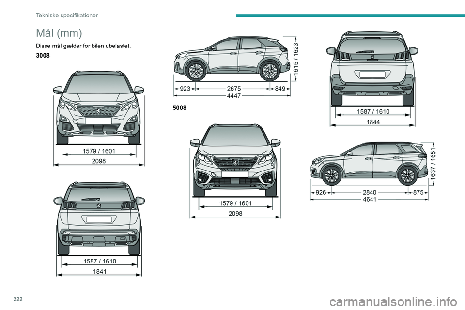PEUGEOT 3008 2020  Brugsanvisning (in Danish) 222
Tekniske specifikationer
Identifikationsafmærkning
Der er forskellige mærker til identificering af din 
bil.
 
 
A. Bilens stelnummer i motorrummet.
Stemplet i chassiset.
B. Bilens stelnummer p