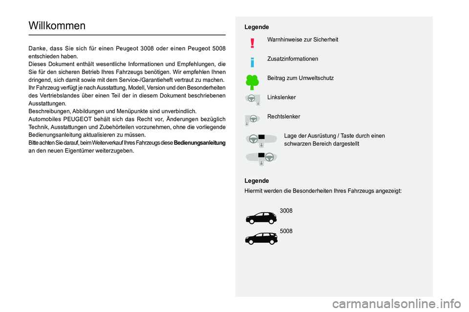 PEUGEOT 3008 2020 Betriebsanleitungen (in German)
Willkommen
Danke, dass Sie sich für einen Peugeot 3008 oder einen Peugeot 5008
entschieden haben.
Dieses Dokument enthält wesentliche Informati PEUGEOT 3008 2020 Betriebsanleitungen (in German)
Willkommen
Danke, dass Sie sich für einen Peugeot 3008 oder einen Peugeot 5008
entschieden haben.
Dieses Dokument enthält wesentliche Informati