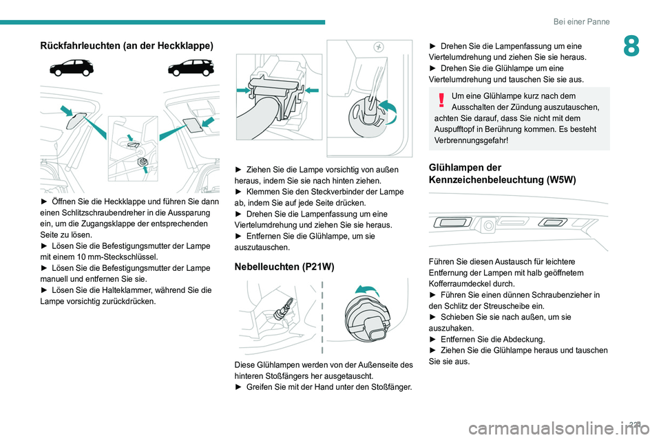 PEUGEOT 3008 2020 Betriebsanleitungen (in German) 221
Bei einer Panne
8Rückfahrleuchten (an der Heckklappe)
► Öffnen Sie die Heckklappe und führen Sie dann
einen Schlitzschraubendreher in die Aussparung
ein, um die Zugangsklappe der entspr PEUGEOT 3008 2020 Betriebsanleitungen (in German) 221
Bei einer Panne
8Rückfahrleuchten (an der Heckklappe)
► Öffnen Sie die Heckklappe und führen Sie dann
einen Schlitzschraubendreher in die Aussparung
ein, um die Zugangsklappe der entspr