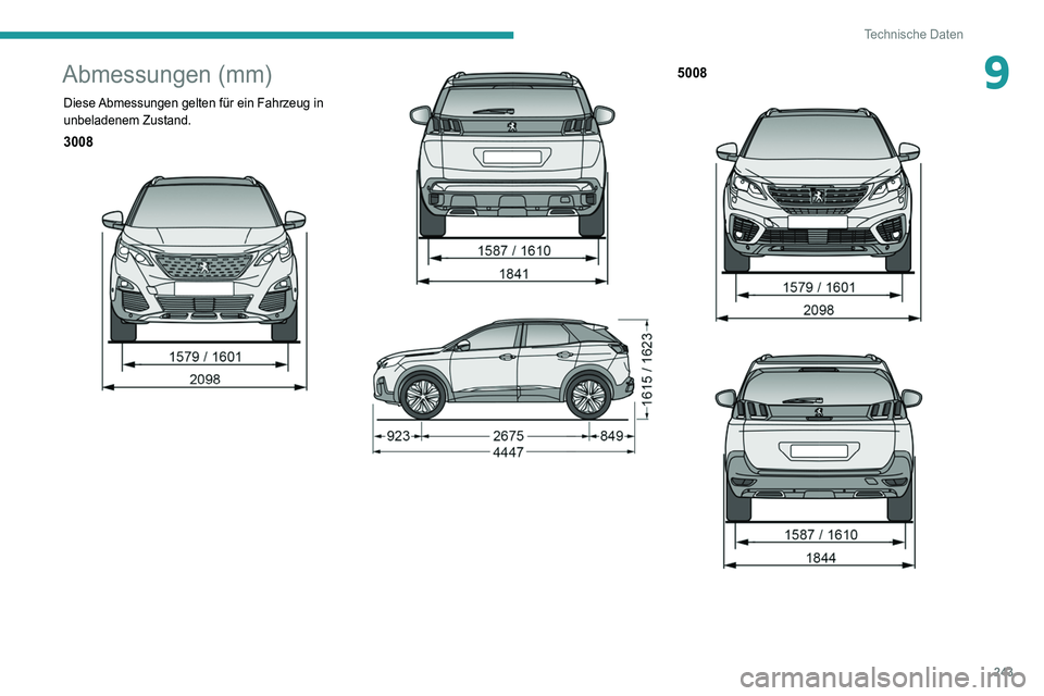 PEUGEOT 3008 2020  Betriebsanleitungen (in German) 243
Technische Daten
9Abmessungen (mm)
Diese Abmessungen gelten für ein Fahrzeug in 
unbeladenem Zustand.
3008 
 
 
 
5008 
 
   