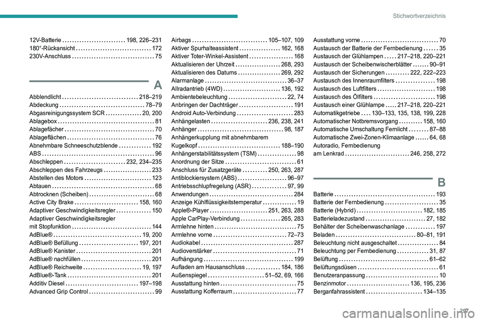 PEUGEOT 3008 2020 Betriebsanleitungen (in German) 297
Stichwortverzeichnis
12V-Batterie 198, 226–231
180°-Rückansicht
172
230V-Anschluss
75
A
Abblendlicht 218–219
Abdeckung
78–79
Abgasreinigungssystem SCR
20, 200
Ab PEUGEOT 3008 2020 Betriebsanleitungen (in German) 297
Stichwortverzeichnis
12V-Batterie 198, 226–231
180°-Rückansicht
172
230V-Anschluss
75
A
Abblendlicht 218–219
Abdeckung
78–79
Abgasreinigungssystem SCR
20, 200
Ab