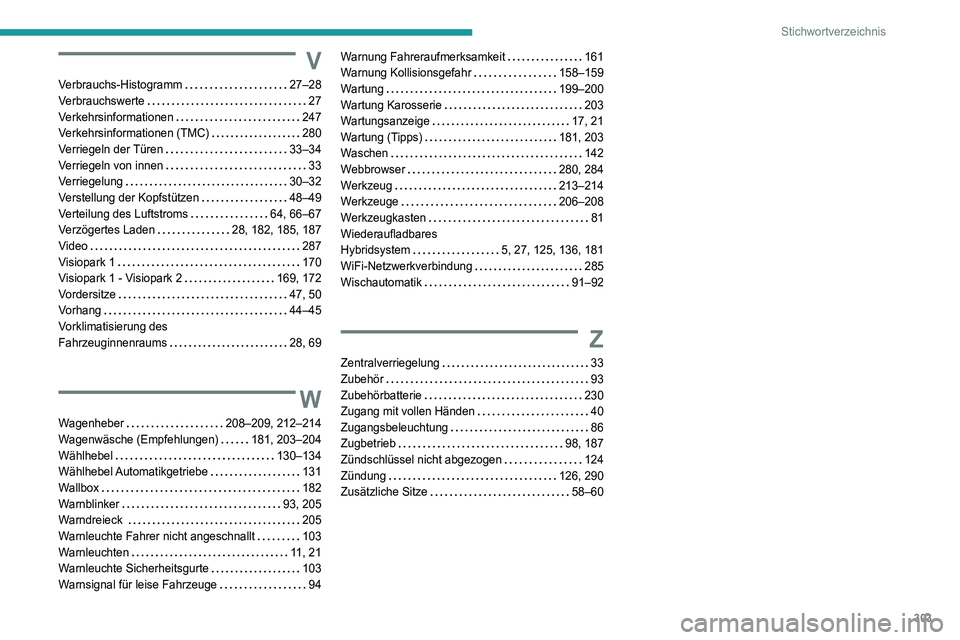 PEUGEOT 3008 2020  Betriebsanleitungen (in German) 303
Stichwortverzeichnis
V
Verbrauchs-Histogramm     27–28
Verbrauchswerte     
27
Verkehrsinformationen
    
247
Verkehrsinformationen (TMC)
    
280
Verriegeln der Türen
    
33–34
Verriegeln v
